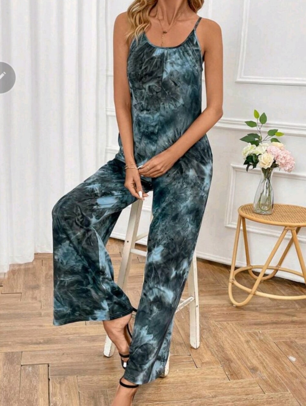 Teal & Black Wide Leg Tye Dye Jumpsuit  With Pockets Size Medium